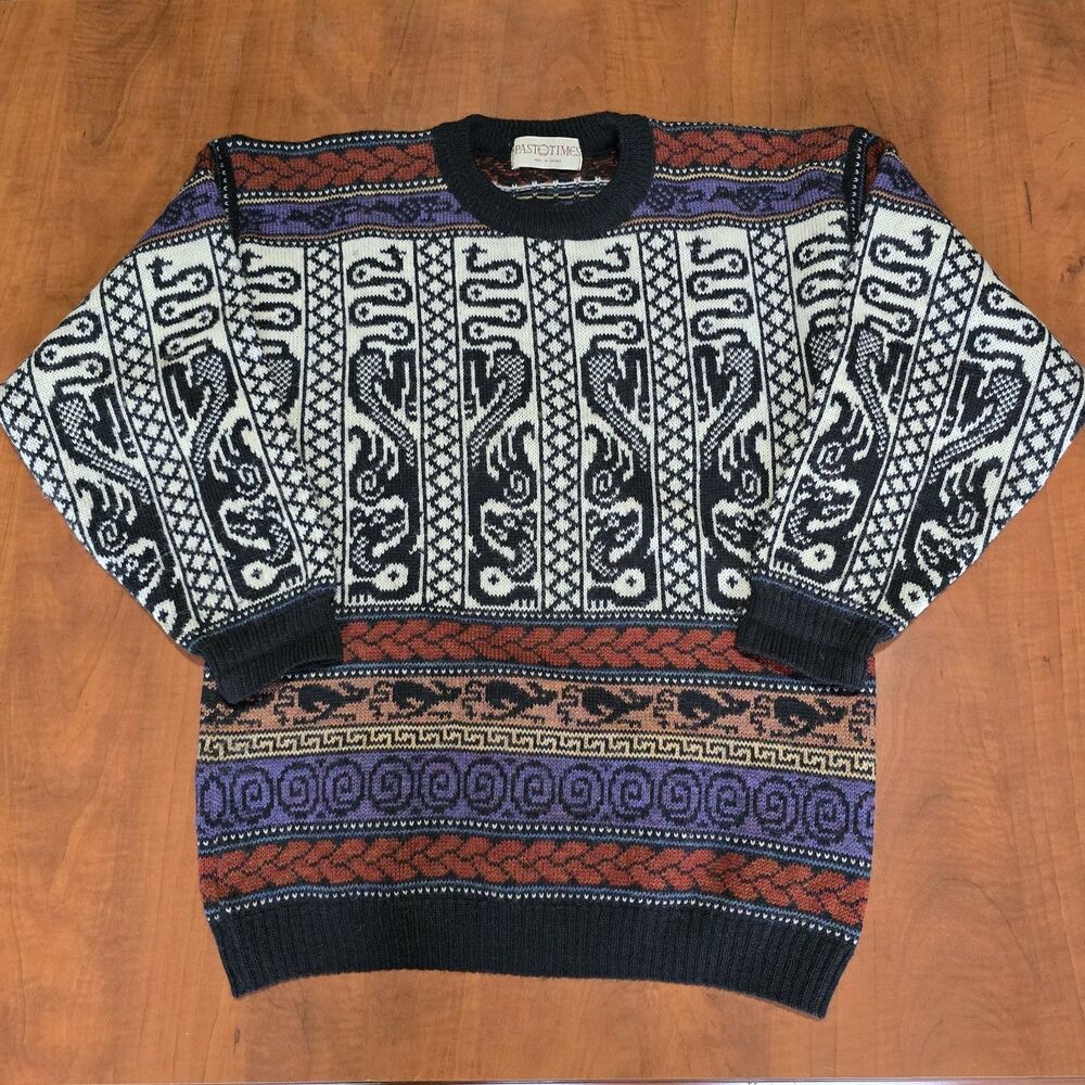Past Times Vintage 90s Nordic Tribal Colorblock AOP Wool Crew Neck Sweater M